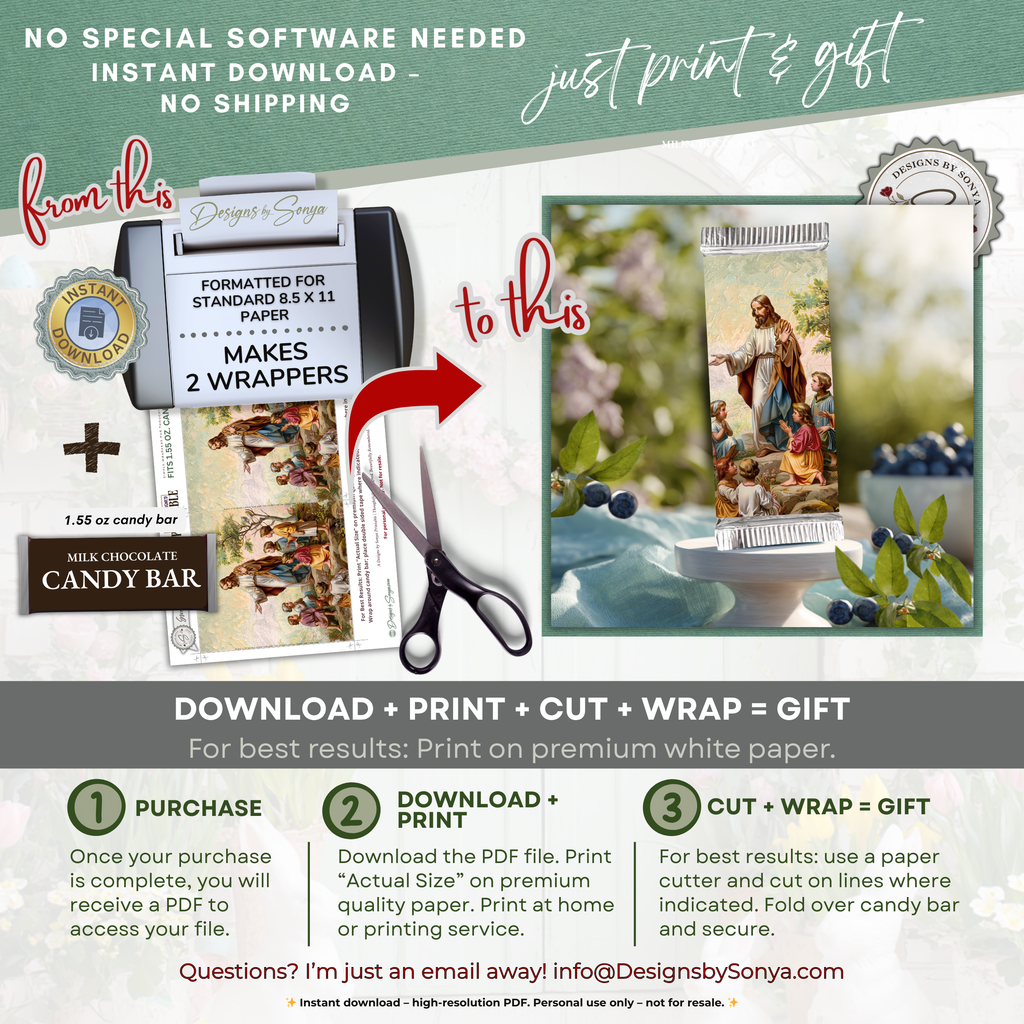 Jesus with Children Easter Candy Bar Wrapper Printable – Faith Based Chocolate Wrap for 1.55 oz Bars – Religious Spring Party Favor - Easter Basket