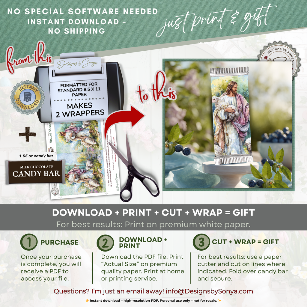 Good Shepherd Easter Candy Bar Wrapper Printable – Jesus with Lamb Watercolor Chocolate Wrap for 1.55 oz Bars – Religious Spring Basket Favor