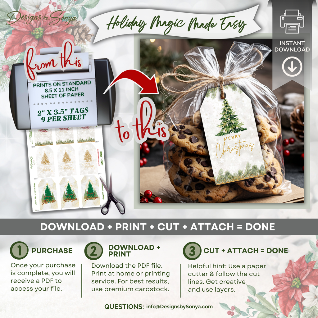 How-To Instructional (Holiday Magic Made Easy)
Step-by-step printable Christmas gift tags tutorial with cookies. Banner reads “Holiday Magic Made Easy.” Shows PDF printout and finished tags on gift bag.