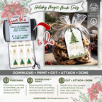 How-To Instructional (Holiday Magic Made Easy)
Step-by-step printable Christmas gift tags tutorial with cookies. Banner reads “Holiday Magic Made Easy.” Shows PDF printout and finished tags on gift bag.