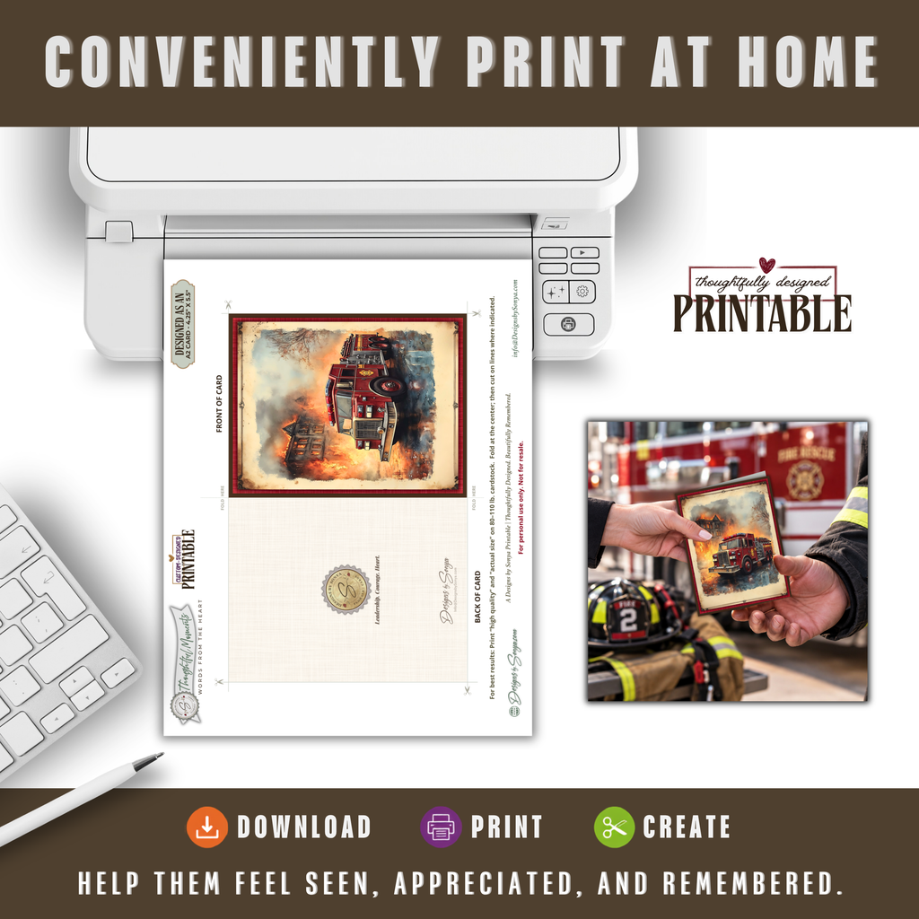 Printable Firefighter Thank You Card | A2 Fire Truck Appreciation Card | Fire Department & First Responder Card
