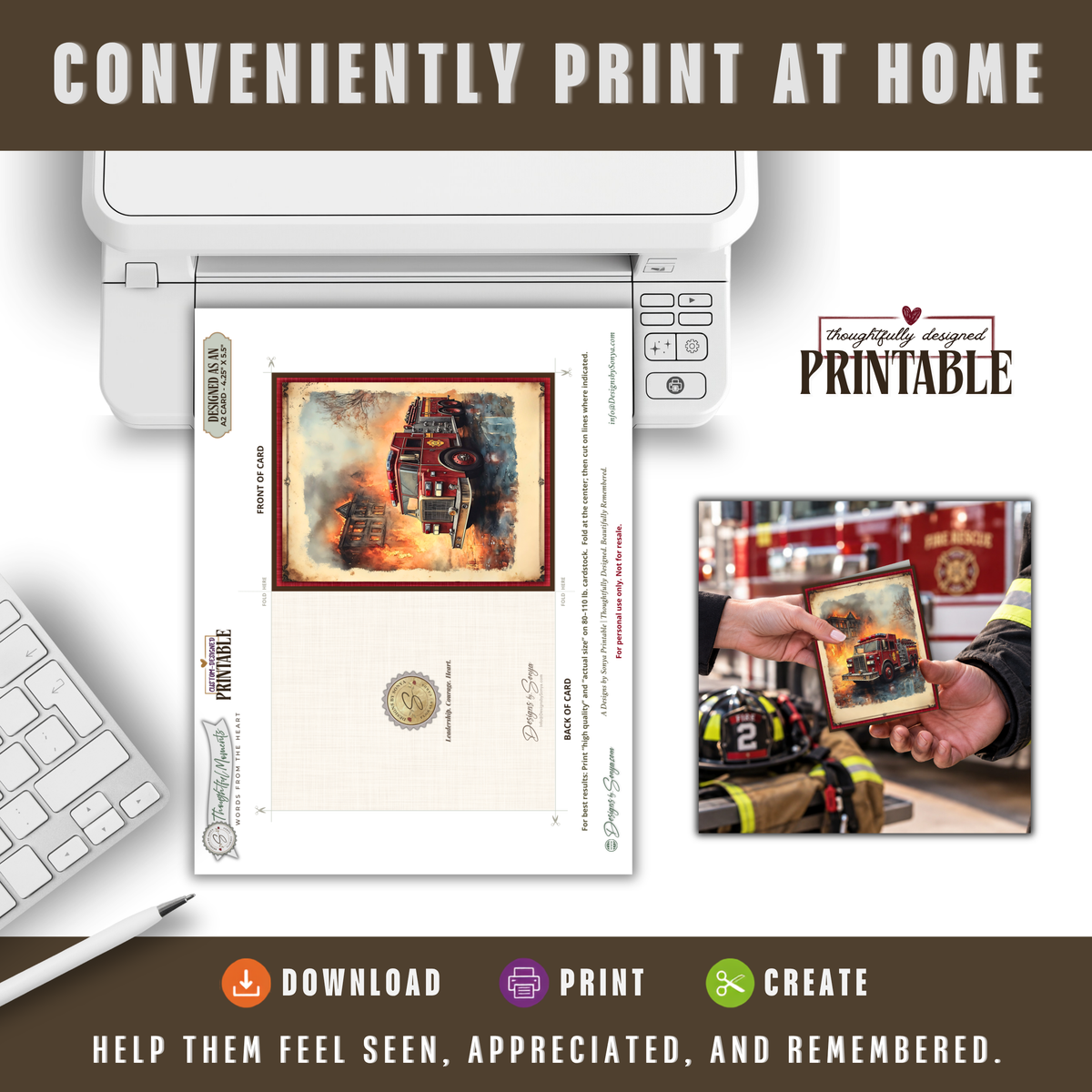 Printable Firefighter Thank You Card | A2 Fire Truck Appreciation Card | Fire Department & First Responder Card