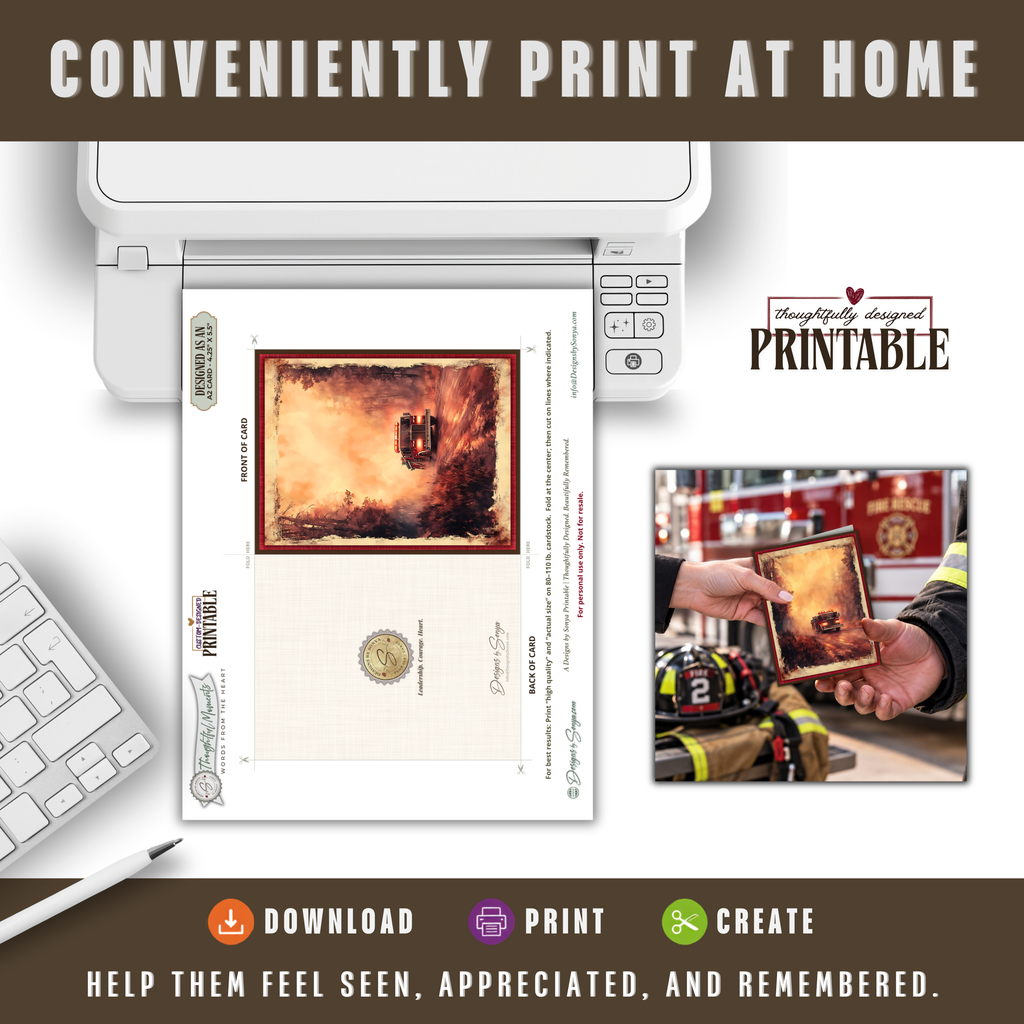 Printable Firefighter Appreciation Card | A2 First Responder Thank You Card | Fire Department & Fire Crew Card