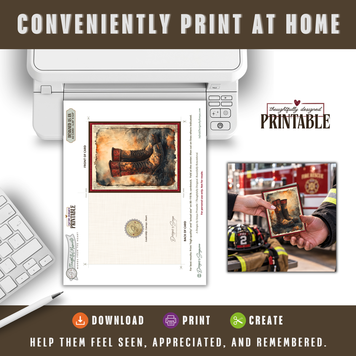 Printable Firefighter Thank You Card | A2 Firefighter Boots Card | Fire Department & First Responder Appreciation
