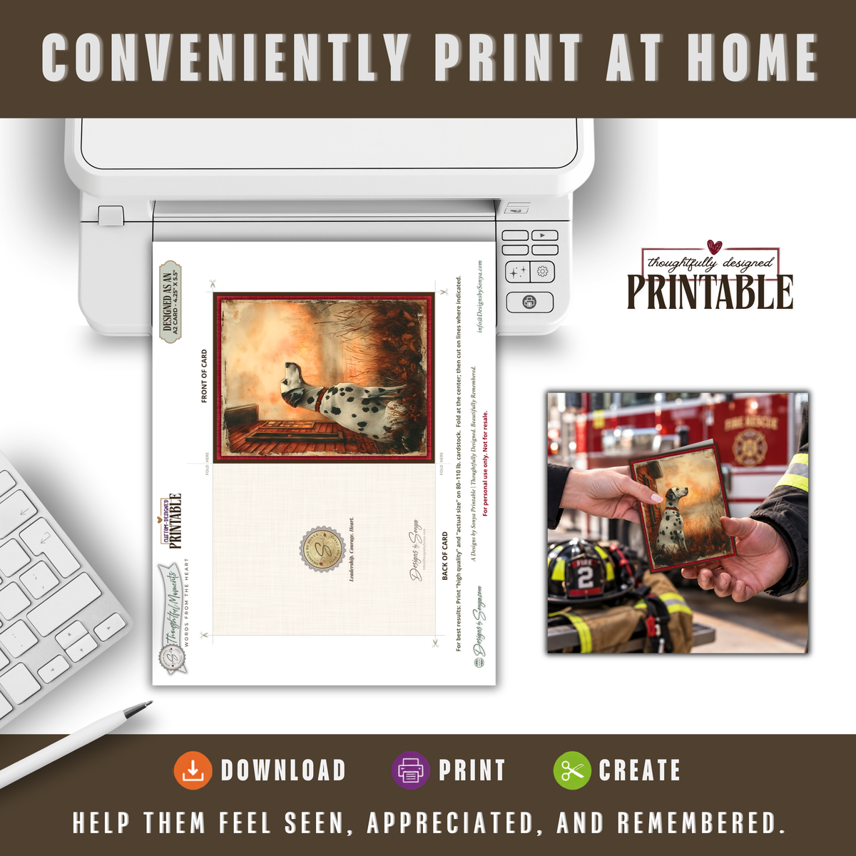 Printable Firefighter Thank You Card | A2 Dalmatian Firehouse Dog Card | Fire Department & First Responder Appreciation