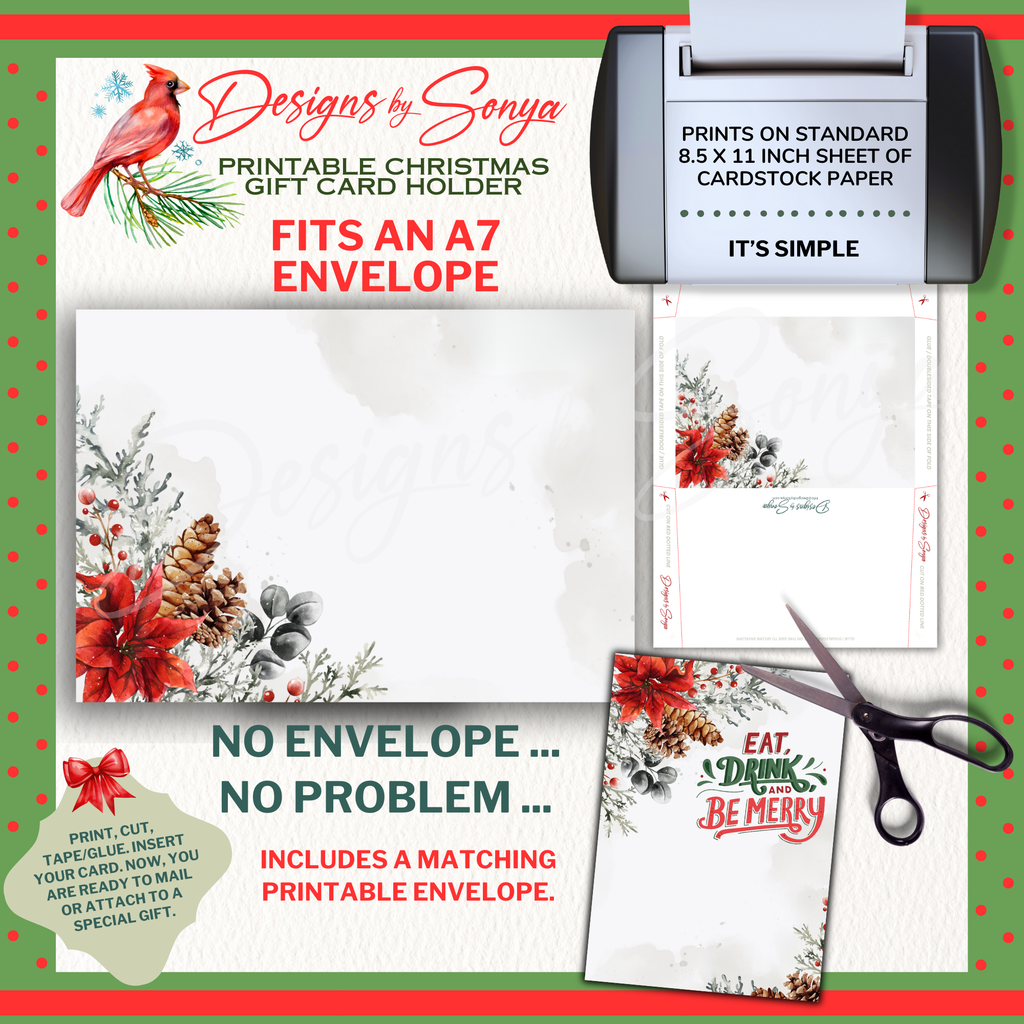 Matching Printable Envelope

Coordinating A7 printable envelope template with poinsettia and greenery accents. Shows how the card holder and envelope create a polished Christmas presentation.