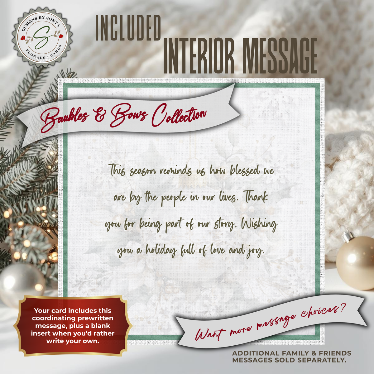 Elegant Printable Christmas Card | Gold Bow Ornament with Holly & Pinecones | Watercolor Holiday Card