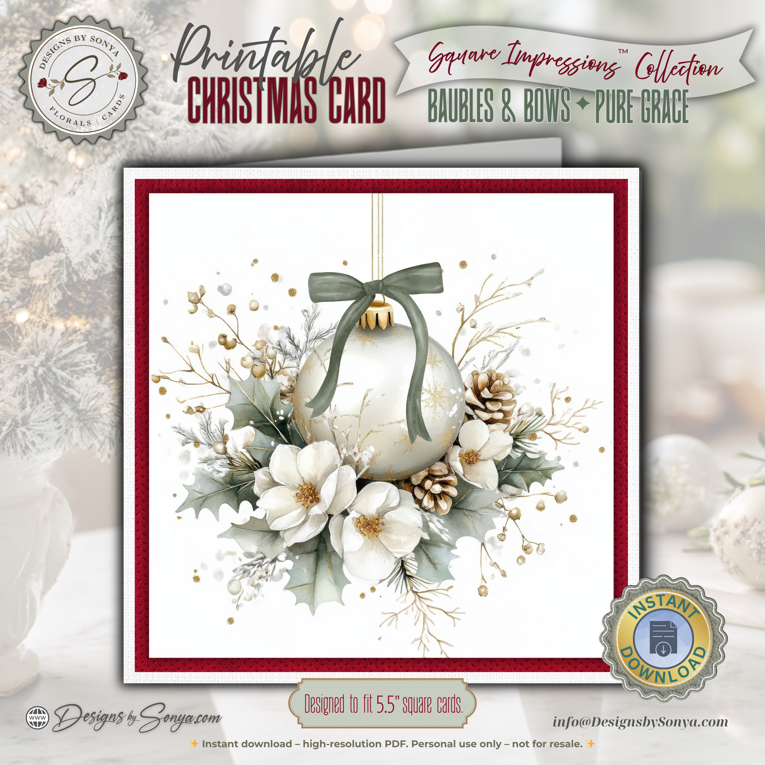 Ivory Ornament with Green Bow Watercolor Printable Christmas Card – Elegant Holiday Greeting Note Card for Family & Friends – 5.5” Square