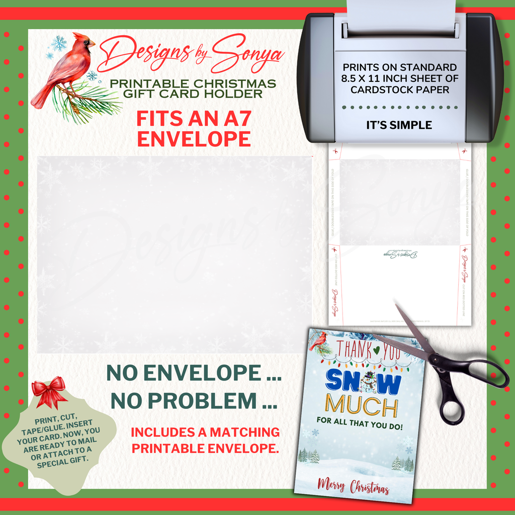 Matching Printable Christmas Envelope
Snow Much printable Christmas gift card holder with matching DIY holiday envelope template. Designed to fit standard A7 size.
