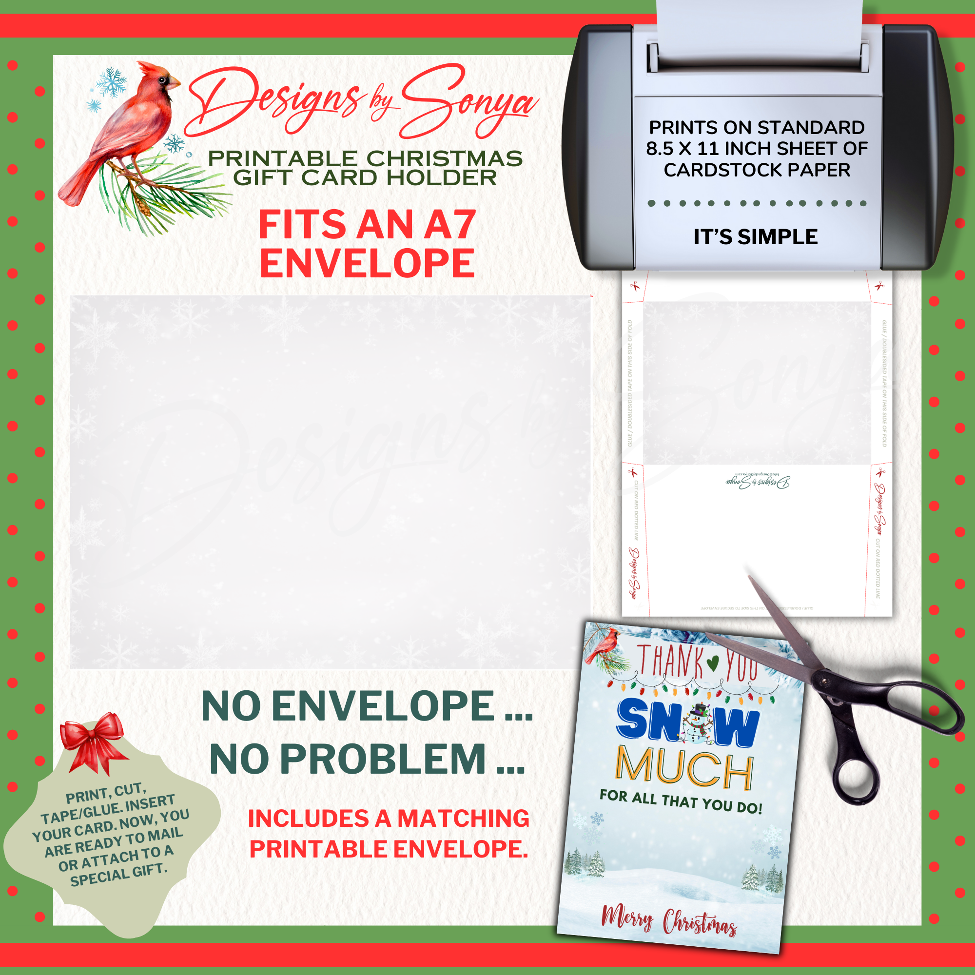 Matching Printable Christmas Envelope
Snow Much printable Christmas gift card holder with matching DIY holiday envelope template. Designed to fit standard A7 size.