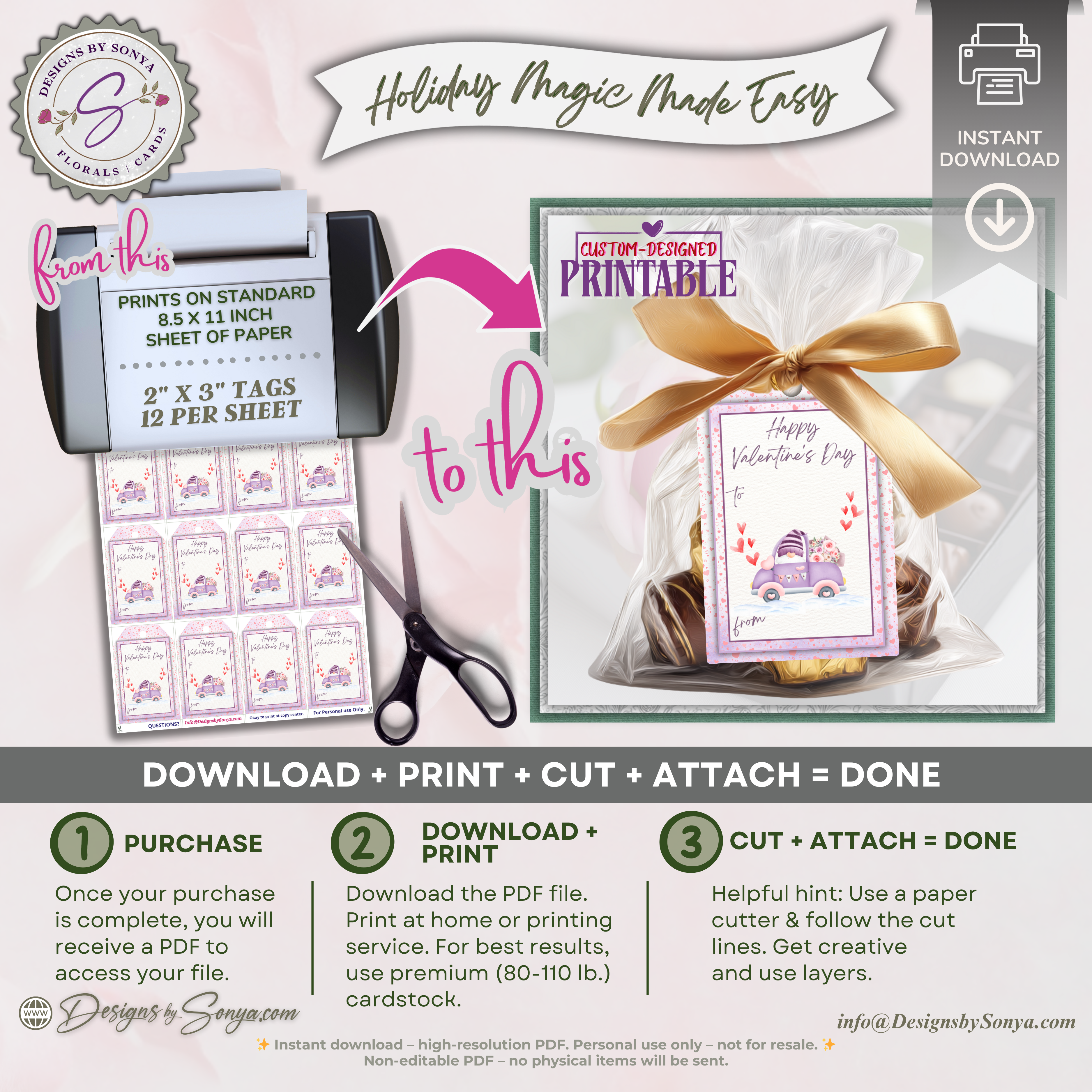 Valentine’s Day Printable Gift Tag – Cute Purple Car & Hearts – 2x3 Treat Bag Tag for Classroom Gifts, Teachers, Kids, Neighbors, DIY Valentine