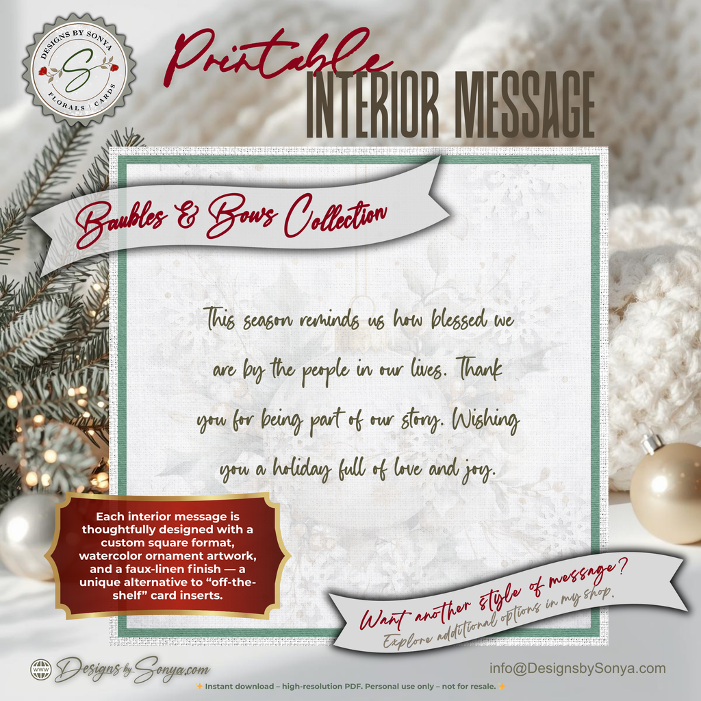 Printable Christmas Card – Watercolor Ornament with Red Bow, Holiday Greeting Card for Friends, Neighbors, Teachers, Coworkers, Family, Ministries