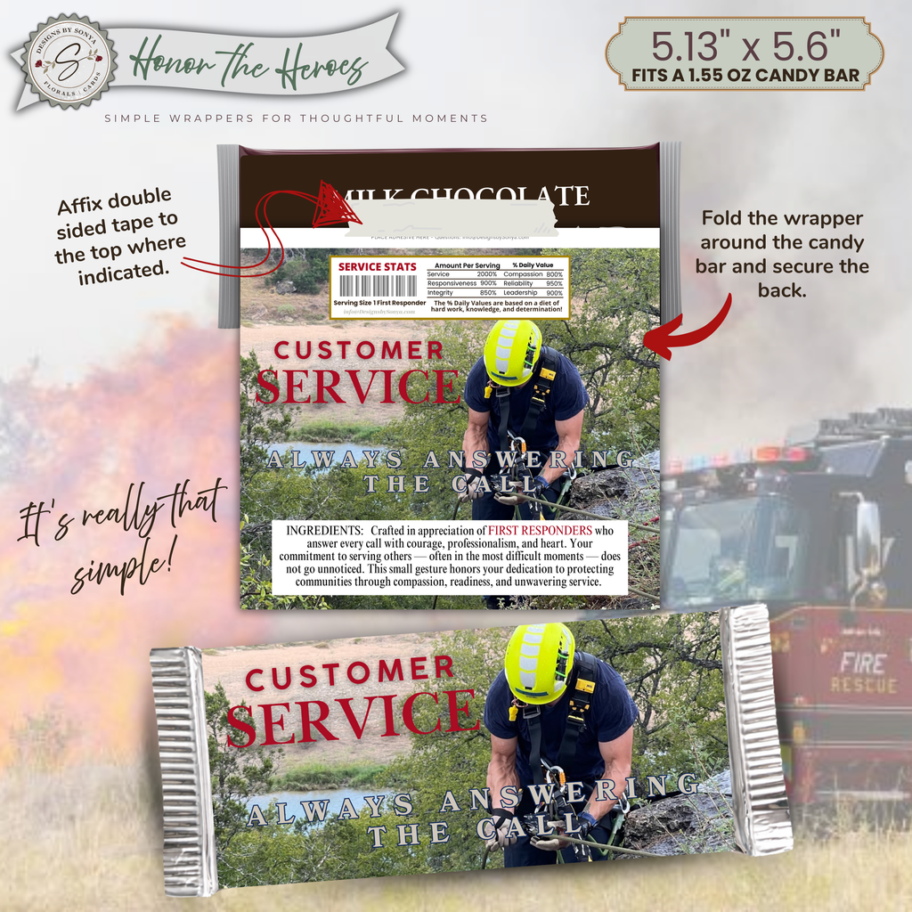 Honor the Heroes First Responder Candy Bar Wrapper Printable – Customer Service Always Answering the Call – Thank You Gift Favor – 1.55 oz Chocolate Bar