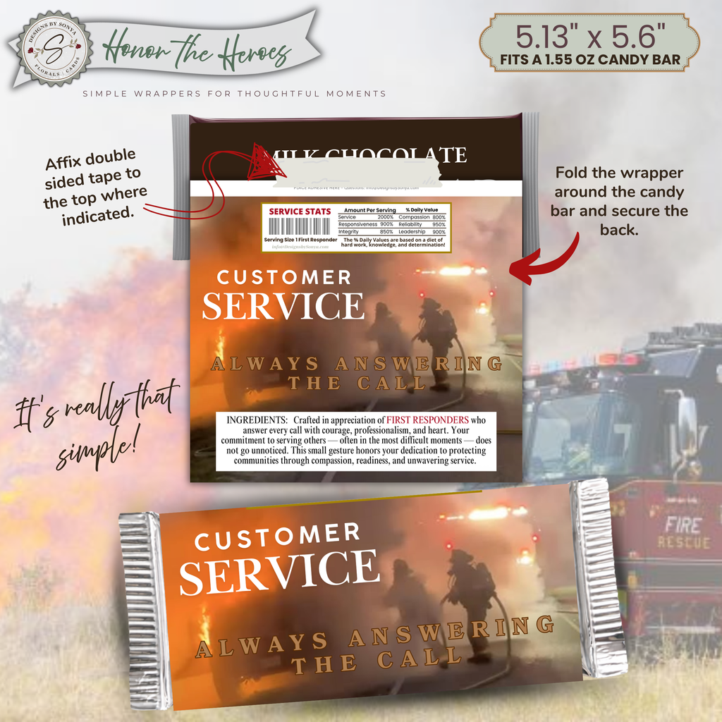Customer Service First Responder Candy Bar Wrapper Printable – Honor the Heroes Thank You Gift – Firefighter EMS Police Appreciation - 1.55oz Chocolate Bar