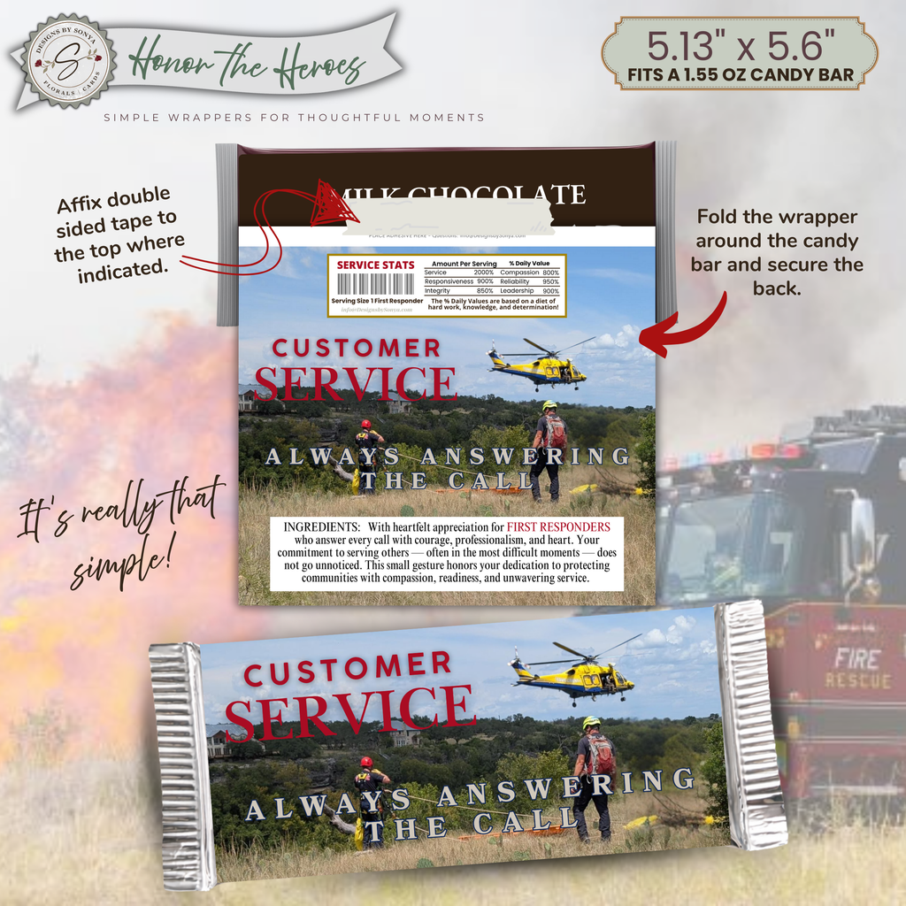 Honor the Heroes First Responder Candy Bar Wrapper Printable – Customer Service Always Answering the Call – Thank You Gift Favor – 1.55 oz Chocolate Bar