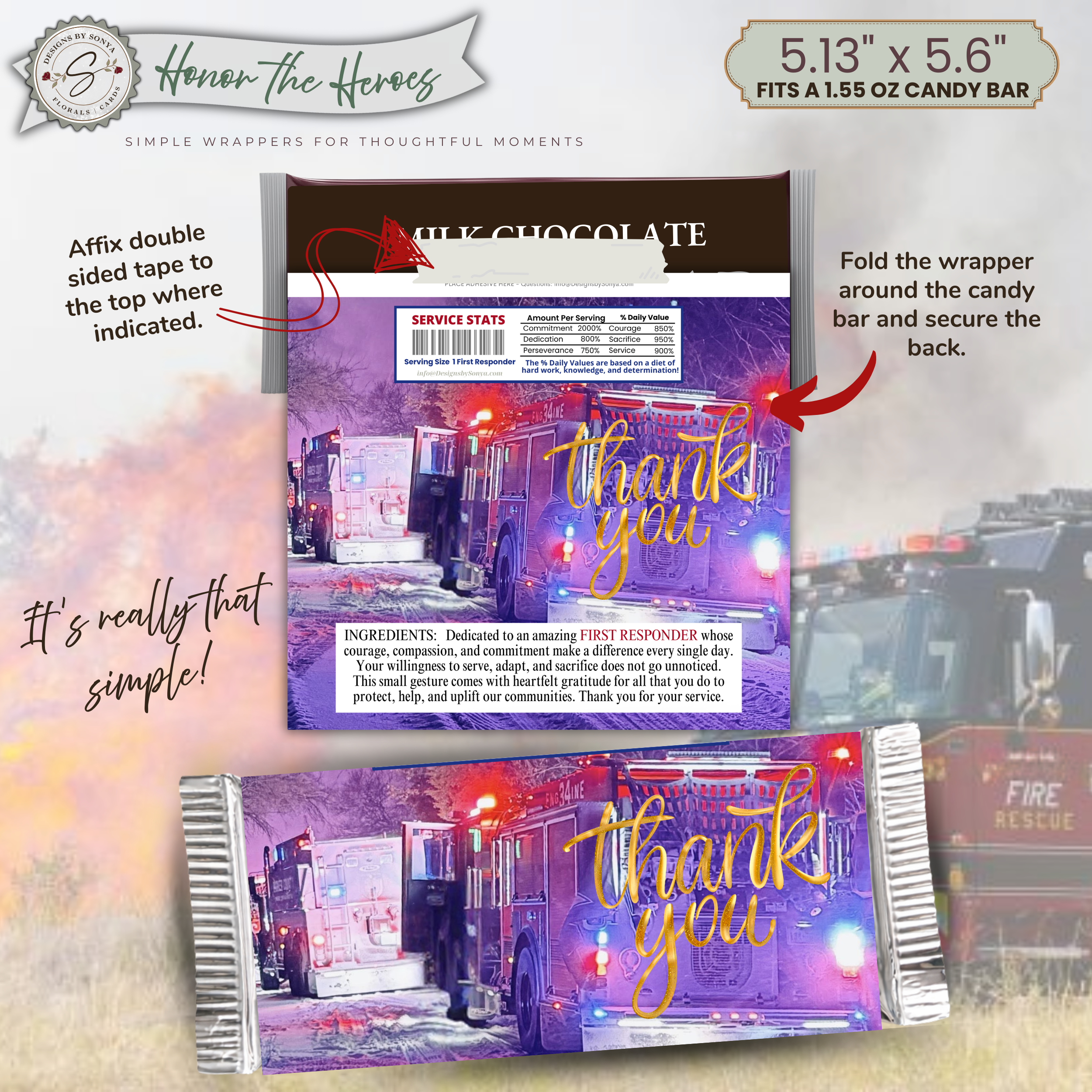 First Responder Candy Bar Wrapper Printable – Thank You Firefighter EMT Gift – Honor the Heroes Chocolate Wrapper – Fits 1.55 oz Candy Bar - Instant Download