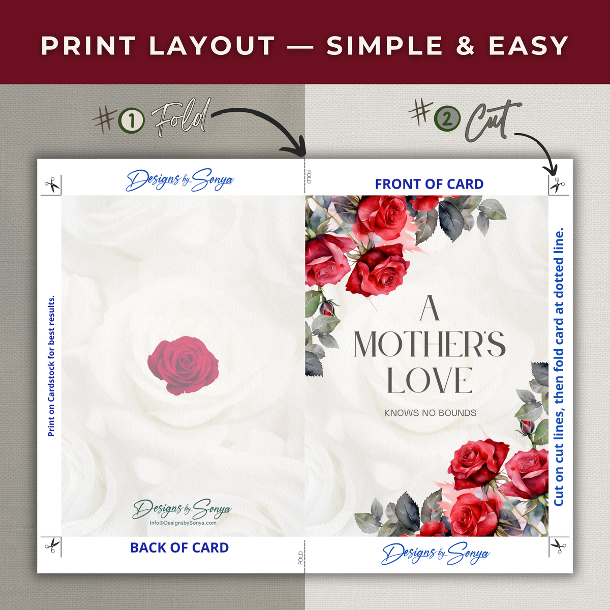Printable Birthday Card for Mom | Elegant Red Rose Floral Greeting Card | A Mother's Love | A7 5x7 PDF