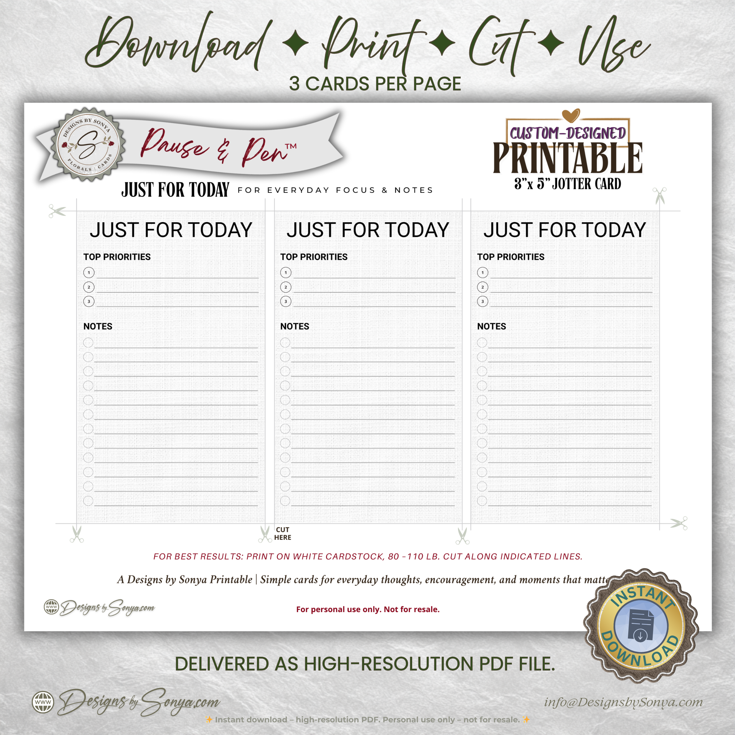 Just for Today Jotter Card Printable – 3x5 Daily Focus & Notes Card – Minimal Task List for Intentional Planning & Simple Living