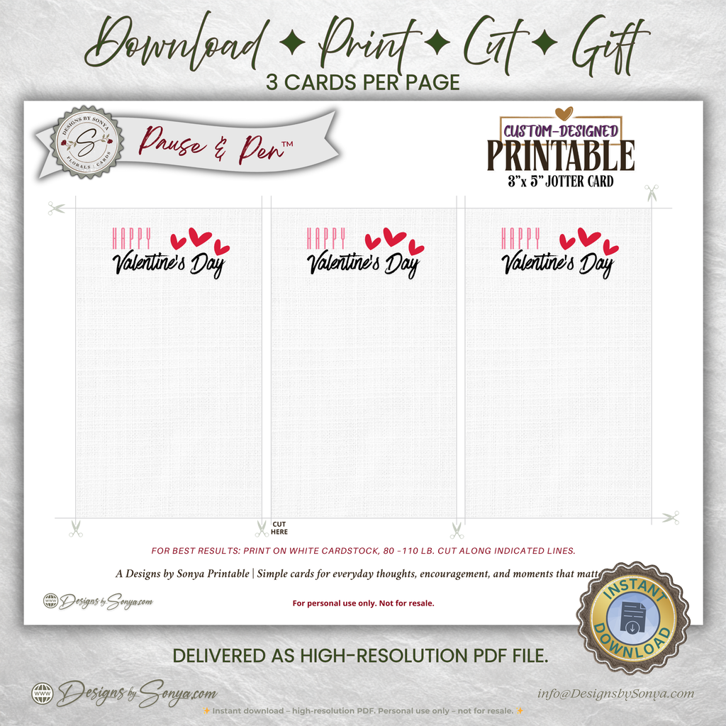 Printable Thank You Card for Valentine Gifts – 3x5 Gift Enclosure Jotter Card, Simple Note for Bags, Baskets & Small Gestures