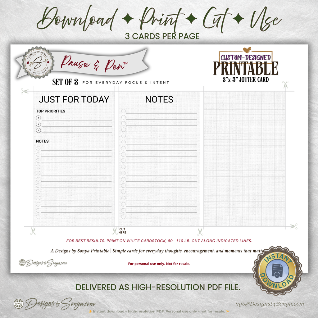 3x5 Jotter Card Printable Set of 3 – Just for Today, Notes & Grid Cards for Daily Focus – Pause & Pen™ Printable Stationery
