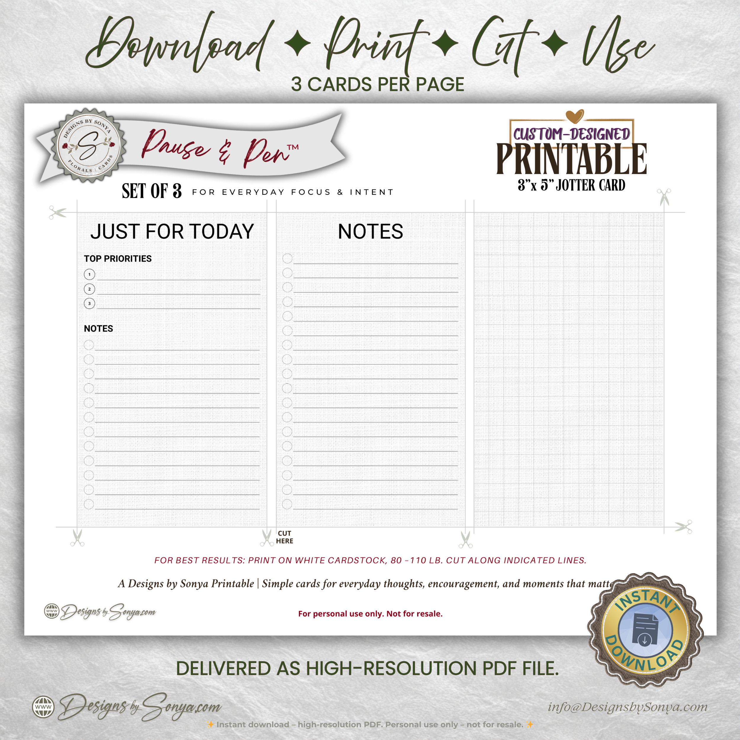 3x5 Jotter Card Printable Set of 3 – Just for Today, Notes & Grid Cards for Daily Focus – Pause & Pen™ Printable Stationery