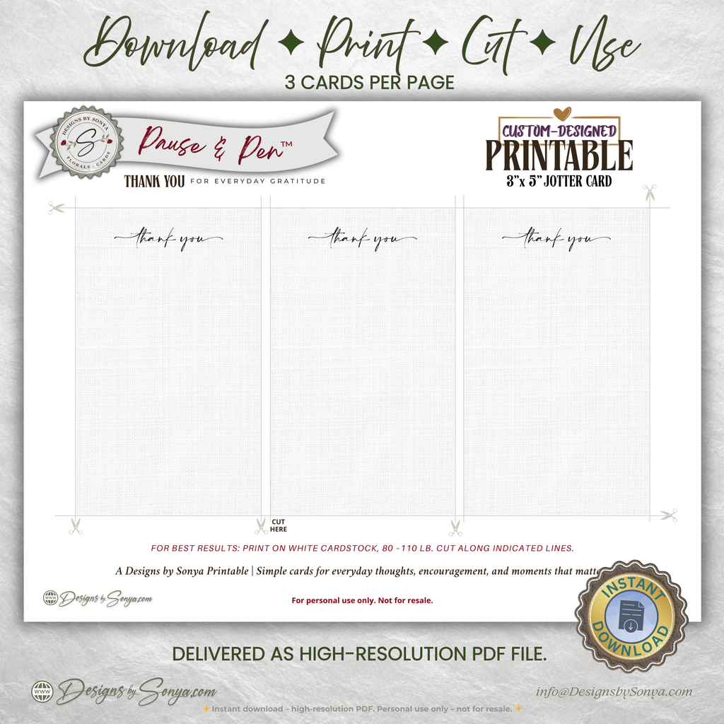 Thank You Jotter Card Printable – 3x5 Minimal Gratitude Note Card – Pause & Pen™ Everyday Thank You Card for Gift Bags & Baskets