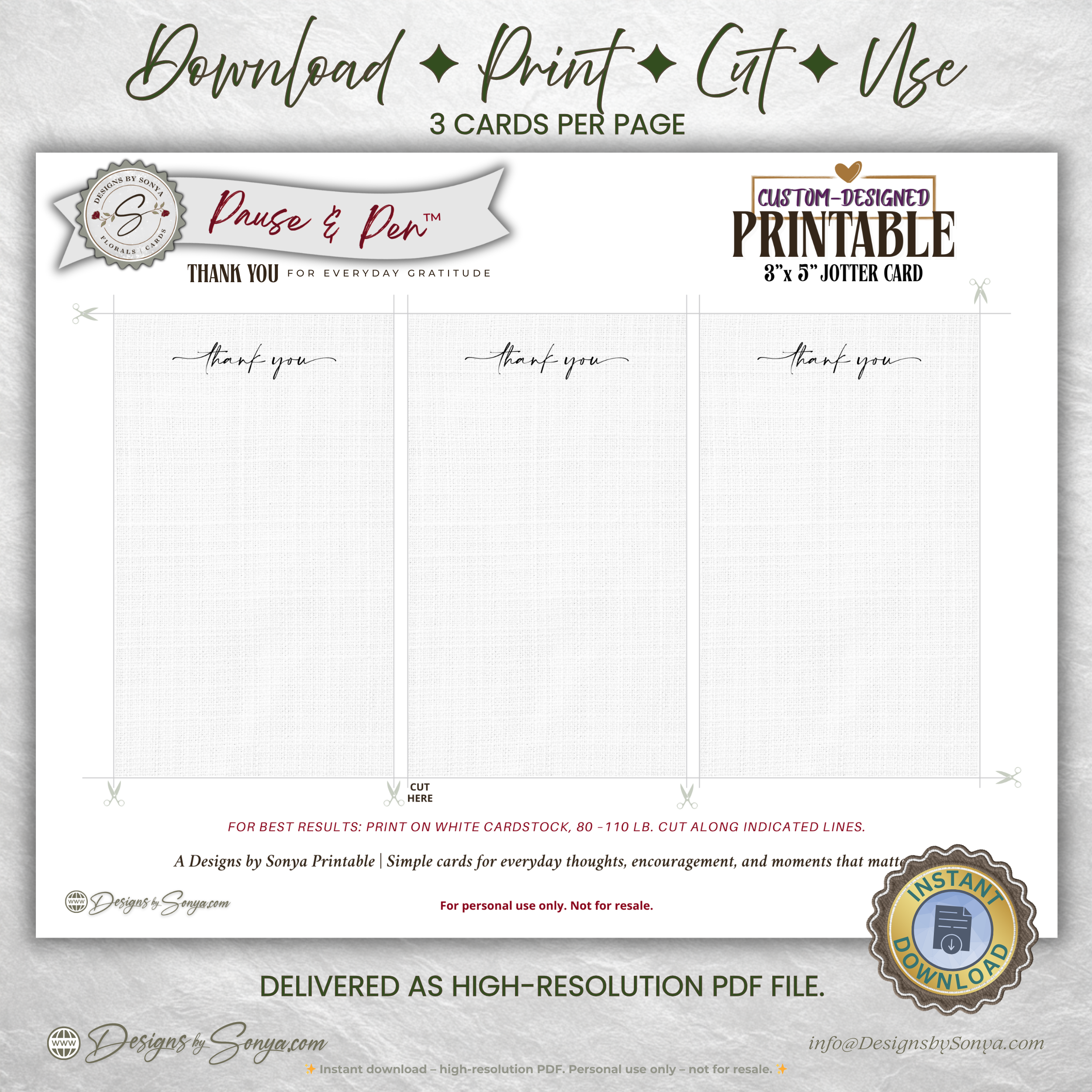 Thank You Jotter Card Printable – 3x5 Minimal Gratitude Note Card – Pause & Pen™ Everyday Thank You Card for Gift Bags & Baskets
