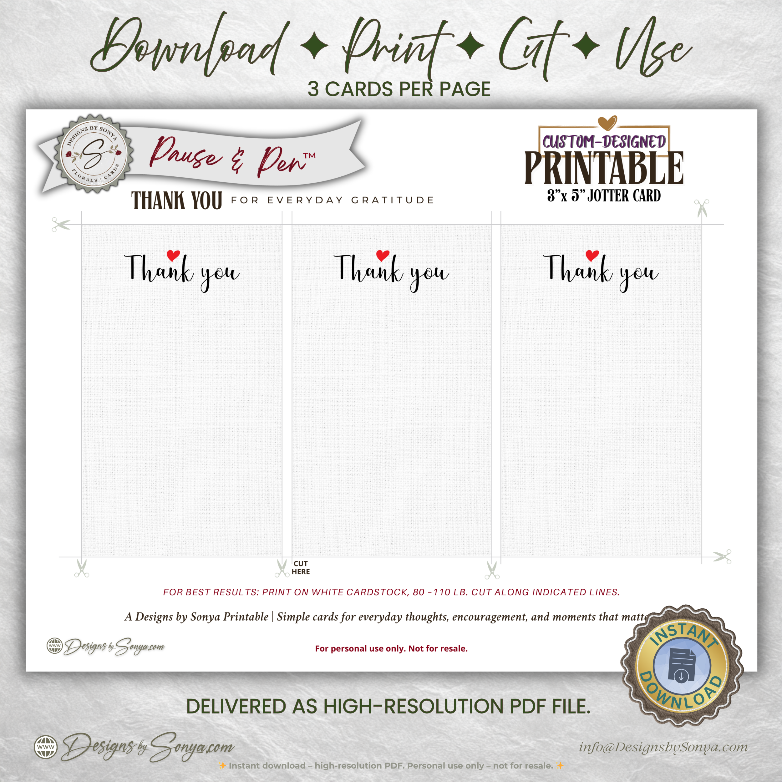Thank You Jotter Card Printable – 3x5 Minimal Thank You Note with Red Heart – Pause & Pen™ Everyday Gratitude Card for Gifts
