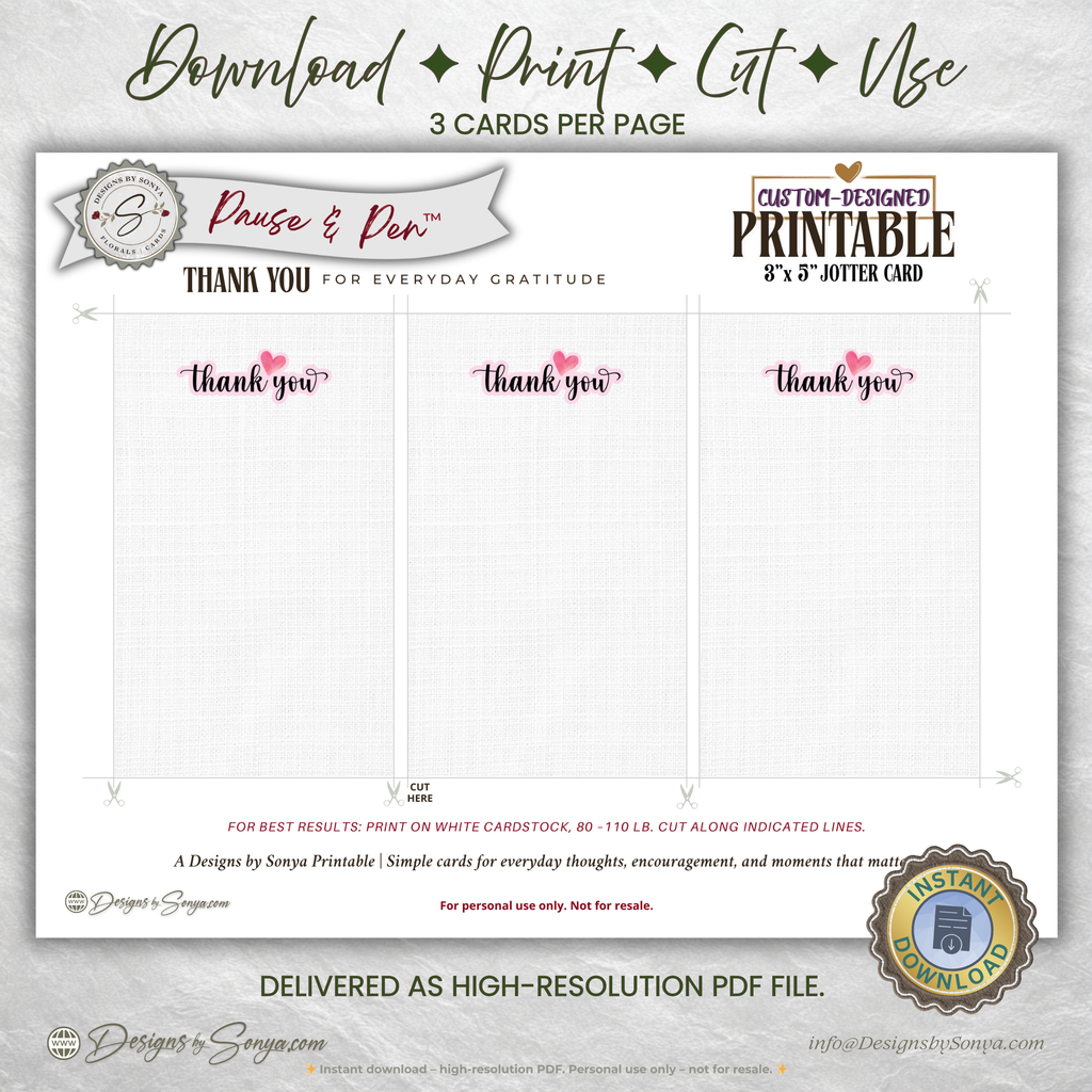 Thank You Jotter Card Printable – 3x5 Gratitude Note with Pink Heart – Pause & Pen™ Minimal Thank You Card for Gifts & Baskets