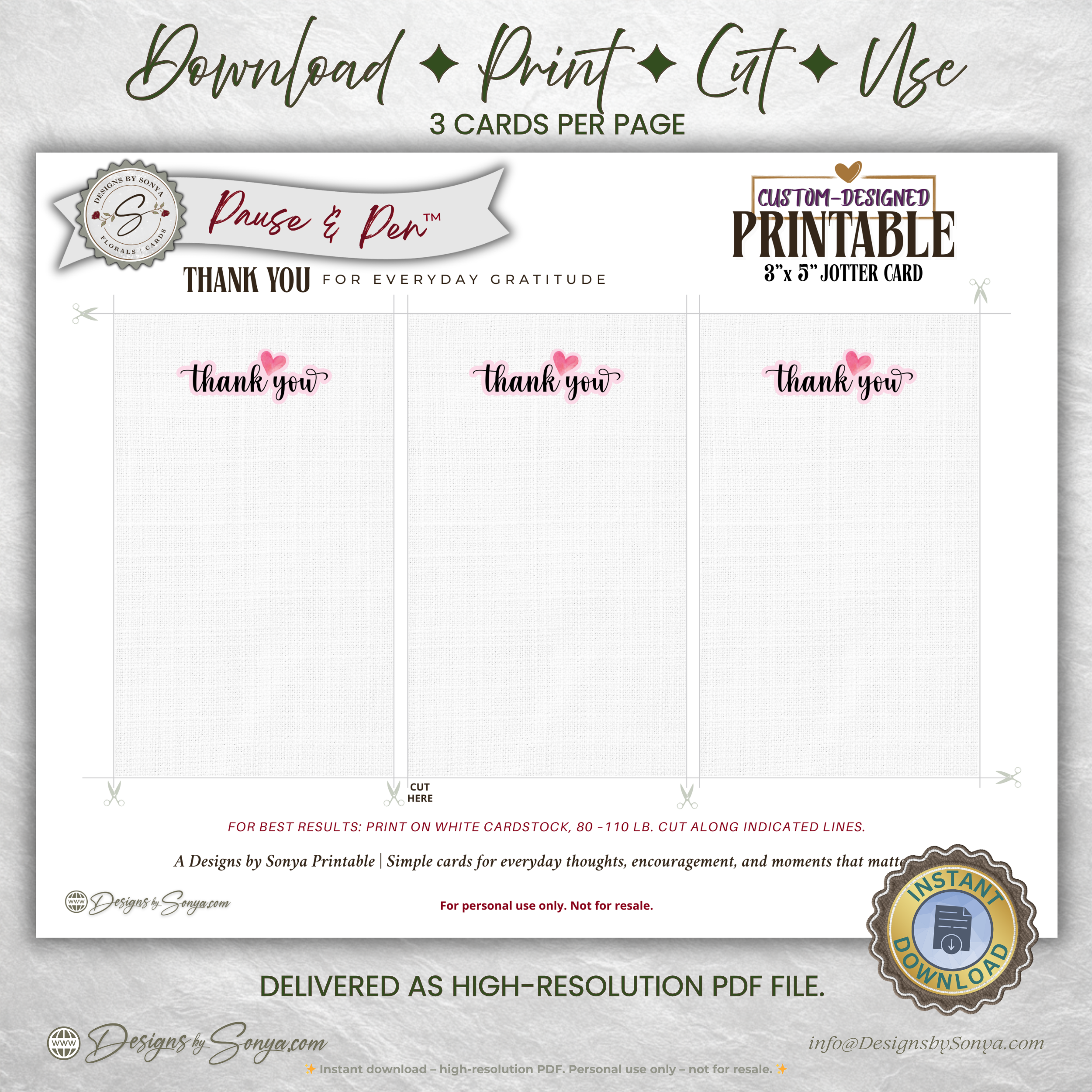 Thank You Jotter Card Printable – 3x5 Gratitude Note with Pink Heart – Pause & Pen™ Minimal Thank You Card for Gifts & Baskets