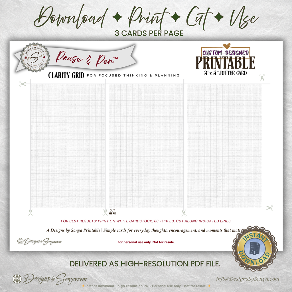 3x5 Grid Jotter Card Printable – Minimal Graph Note Card for Planning & Sketching – Pause & Pen™ Printable Pocket Stationery