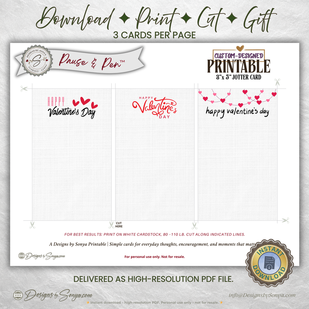 Set of 3 Valentine Thank You Card Printable – Happy Valentine’s Day 3 x 5 Jotter Card for Gift Enclosures, Small Gifts, and Thoughtful Notes