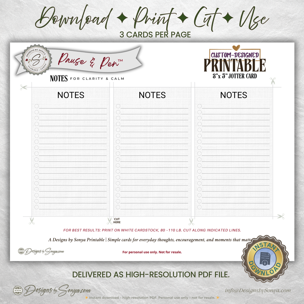 3x5 Jotter Note Card Printable – Minimal Notes & Checklist Card for Daily Focus – Pause & Pen™ Printable Pocket Stationery