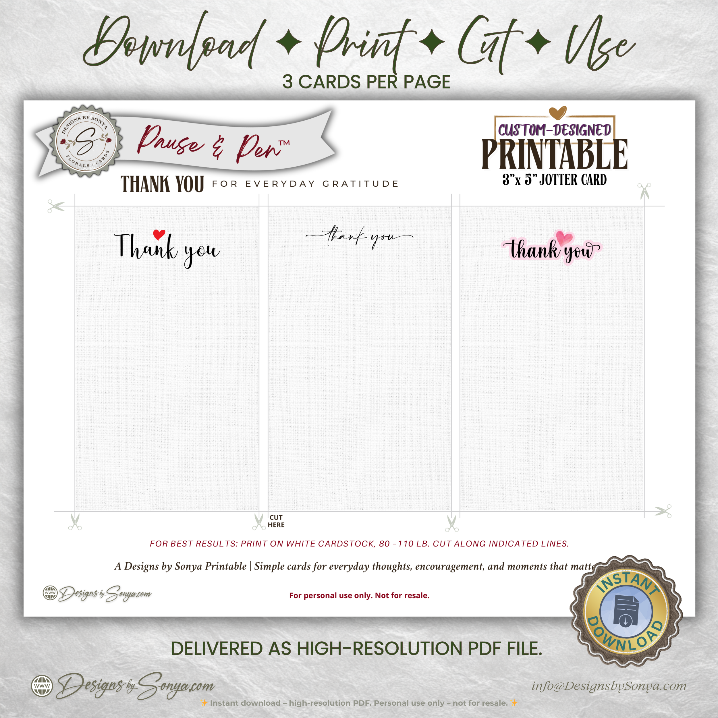 Thank You Jotter Card Printable Set of 3 – 3x5 Minimal Gratitude Note Cards – Pause & Pen™ Thank You Cards for Gifts & Baskets