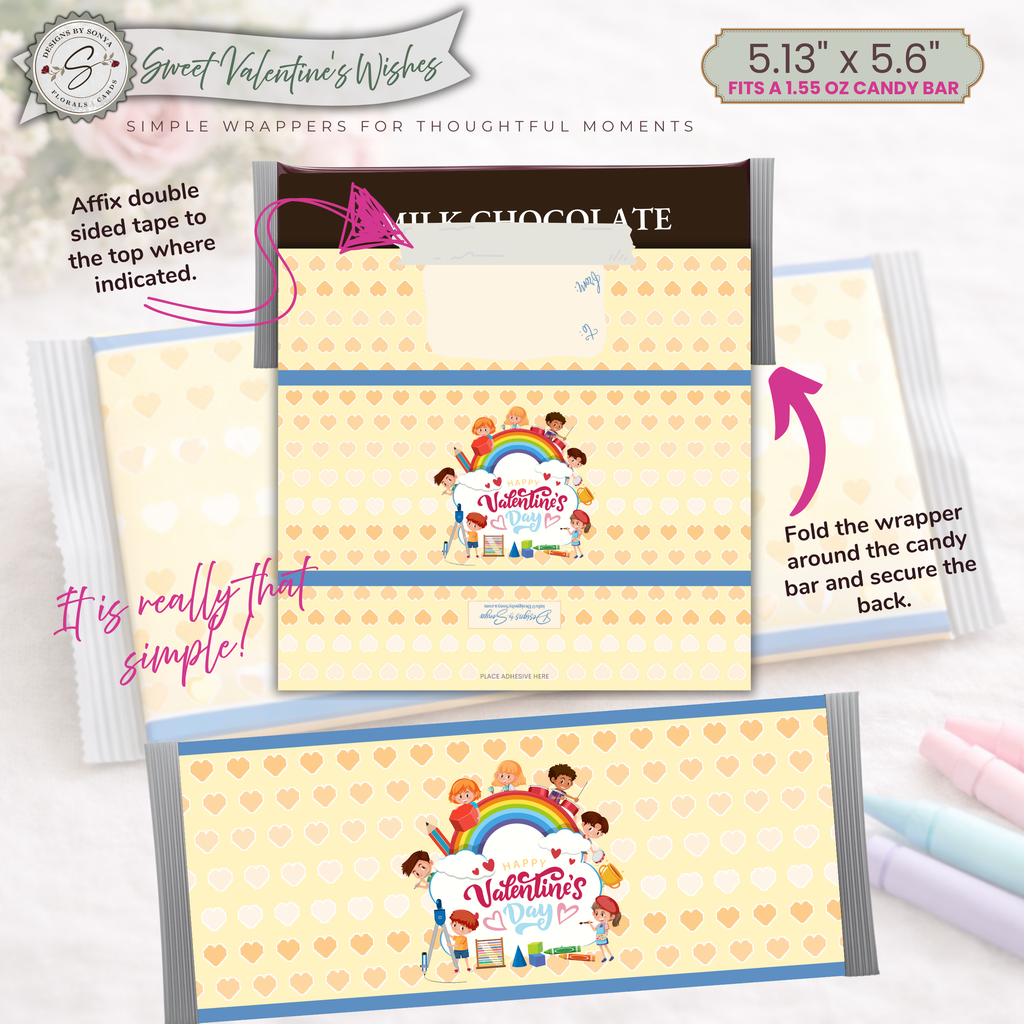 Kids Valentine Candy Bar Wrapper Printable – Classroom Valentine's Treat Wrap for 1.55 oz Chocolate Bars – Happy Valentine’s Day Gift