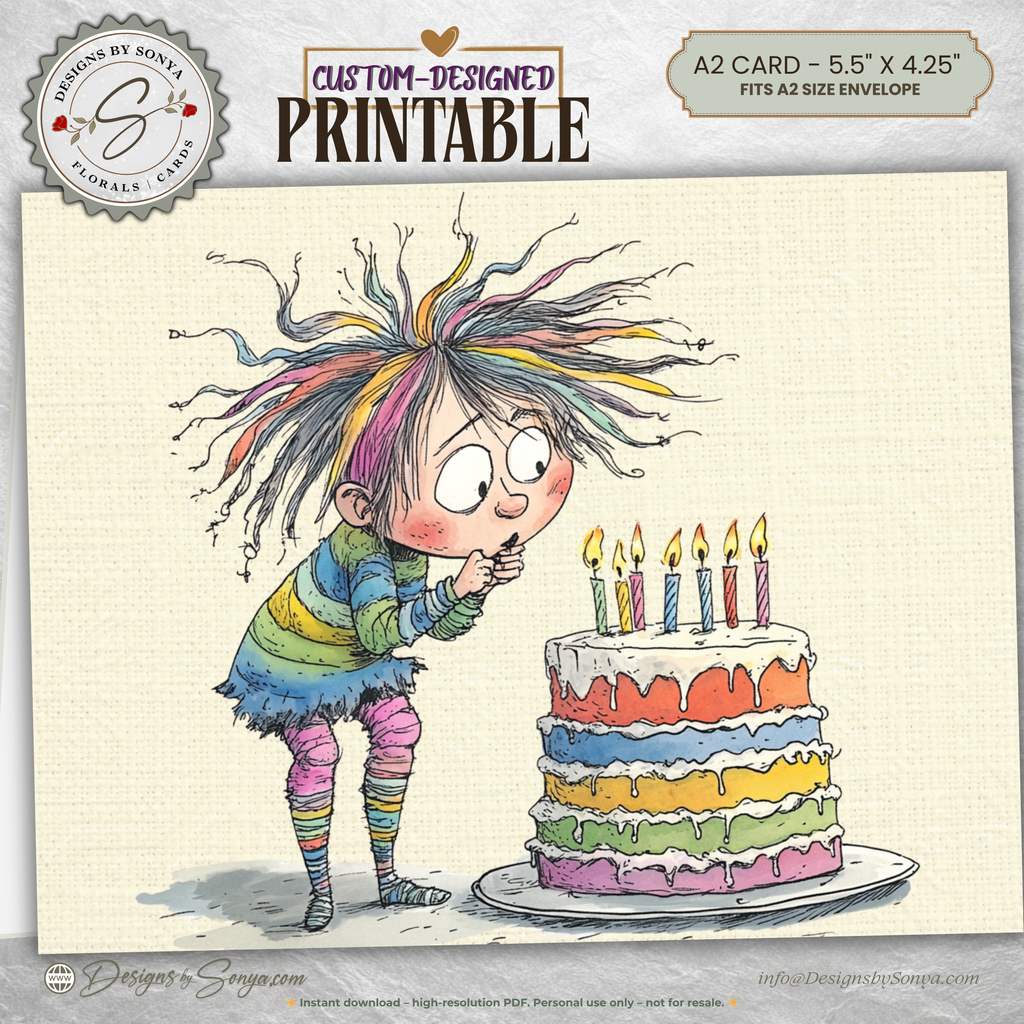 Whimsical Rainbow Birthday Printable A2 Card – Playful Watercolor Child with Cake – Instant Download Greeting Card 5.5 x 4.25