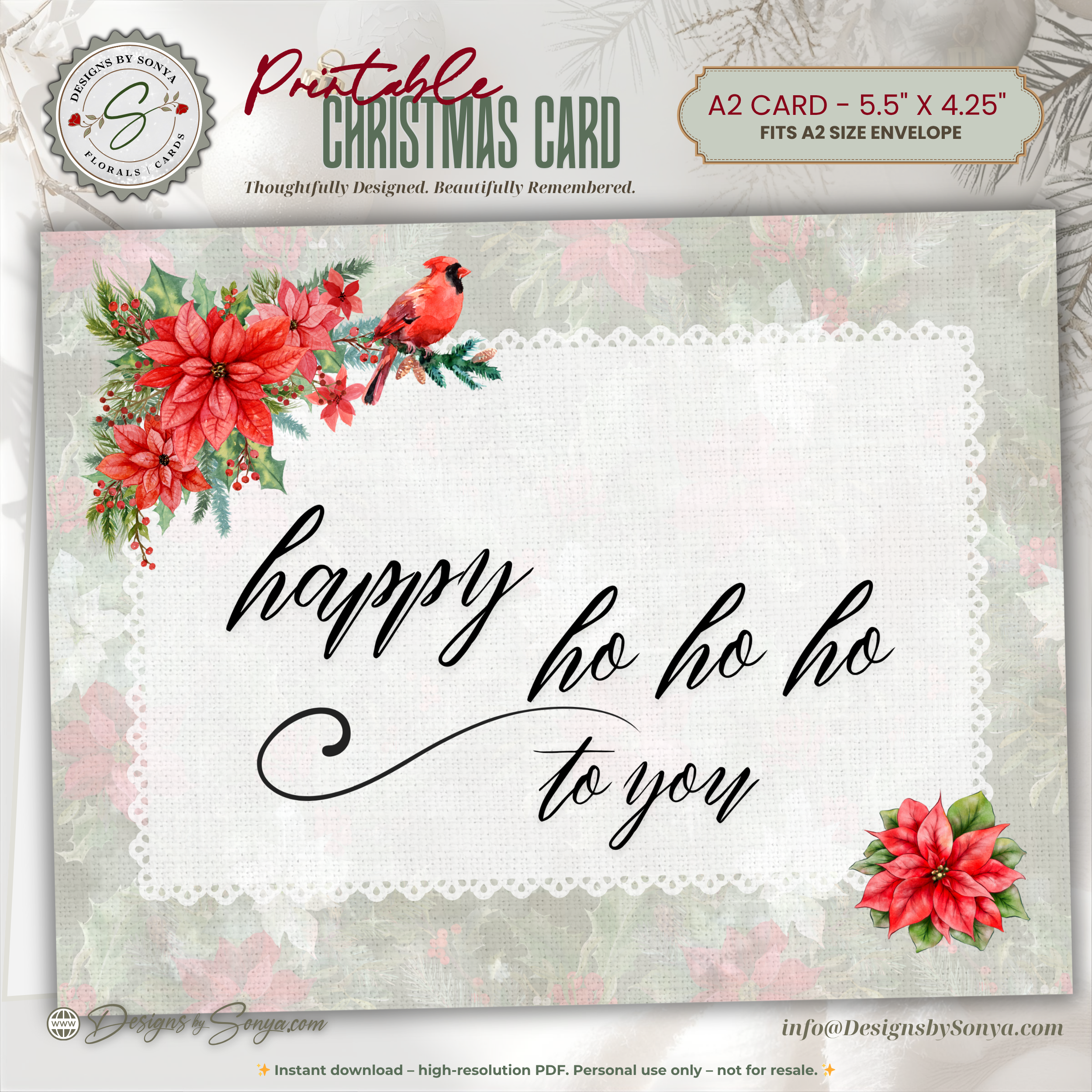 Printable Christmas Card • Watercolor Poinsettias with Cardinal • Happy Ho Ho Ho to You • A2 Holiday Note Card • Winter Floral Holiday Stationery