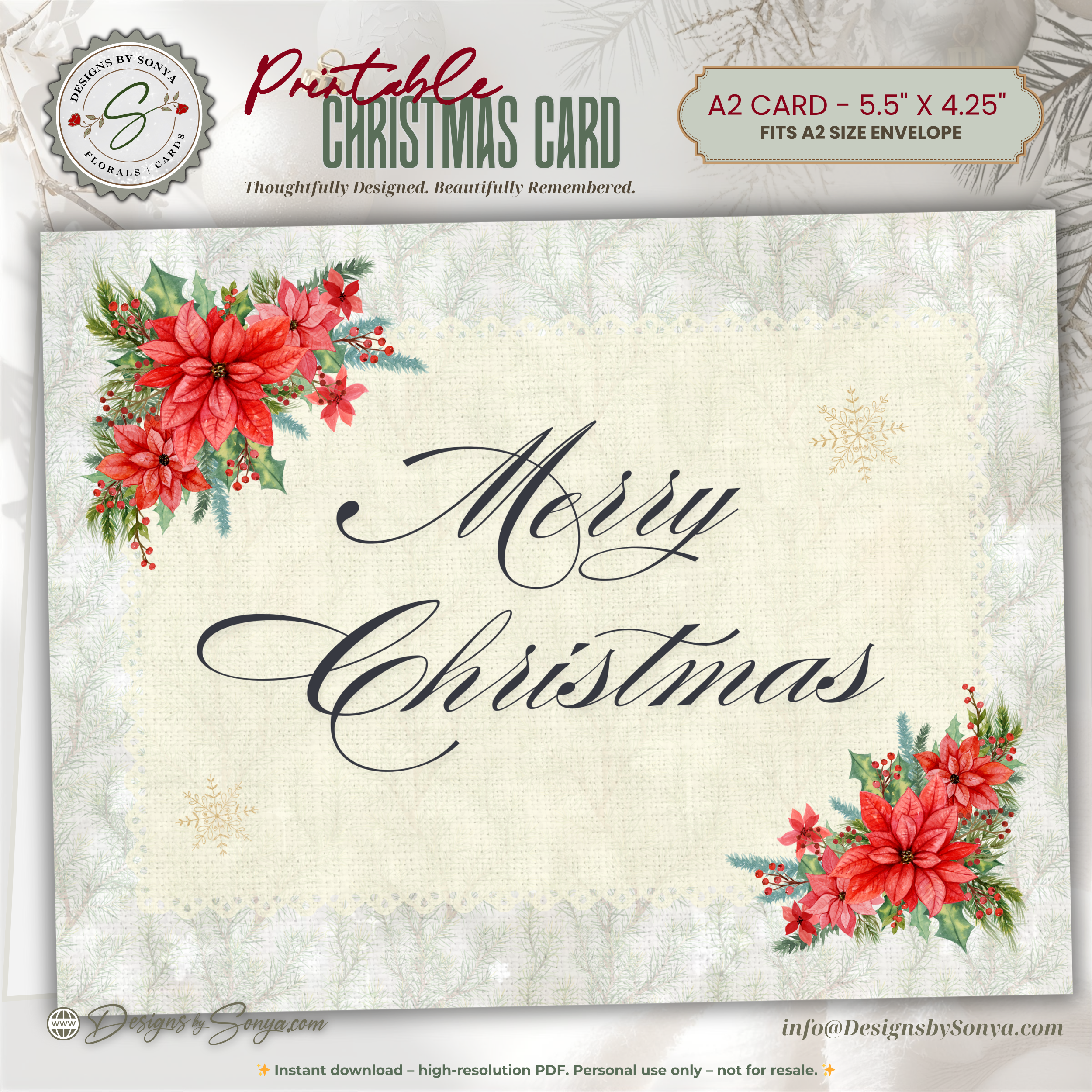 Printable Christmas Card • Watercolor Poinsettias • Merry Christmas A2 Holiday Note Card • Festive Winter Florals • Holiday Stationery Gift