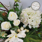 White Winter Floral Arrangement – Custom Designed Christmas Table Décor Centerpiece with Faux Pine, Cedar Greenery and Ivory Roses