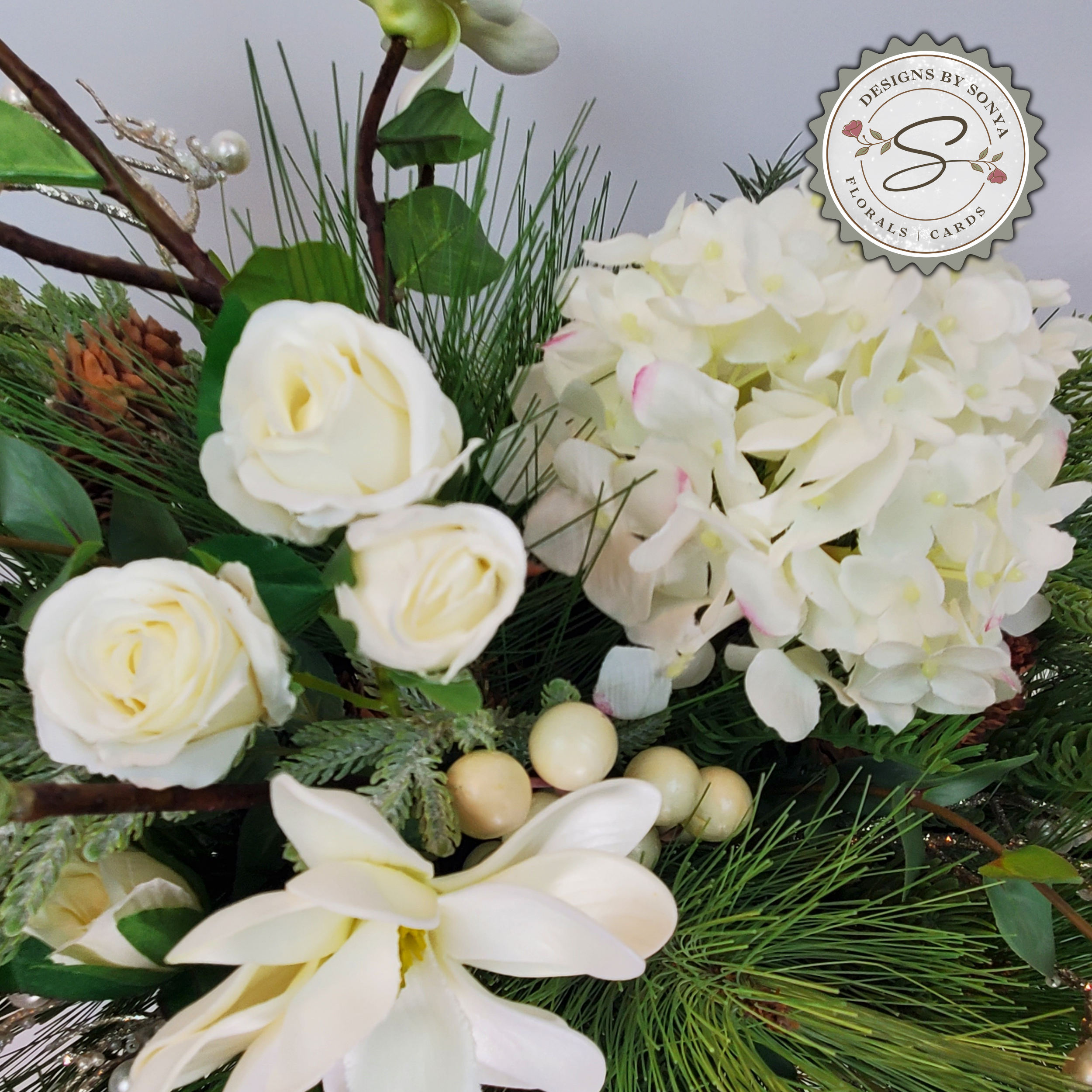 White Winter Floral Arrangement – Custom Designed Christmas Table Décor Centerpiece with Faux Pine, Cedar Greenery and Ivory Roses