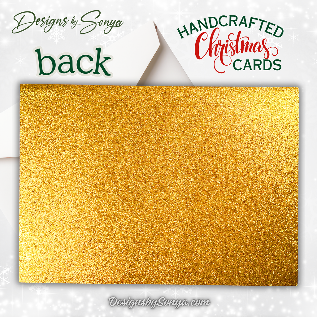 Handcrafted Merry Christmas Card with Red Bow, Rhinestones & Gold Sparkle – Unique Holiday Greeting – 5x7 A7 Card