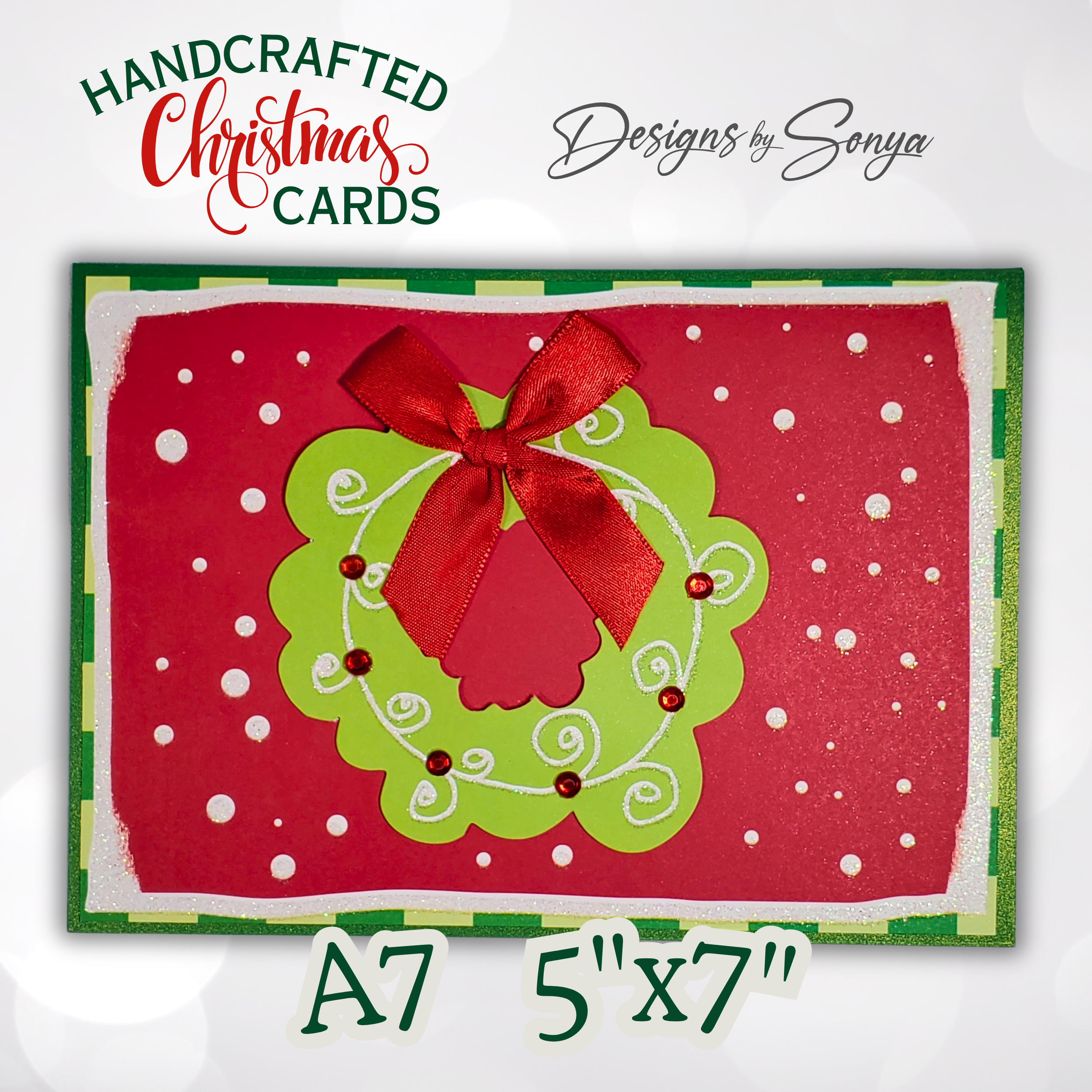 Handmade Christmas Card with Red Bow & Wreath | A7 5x7 Holiday Greeting Card | Unique Christmas Keepsake by Designs by Sonya