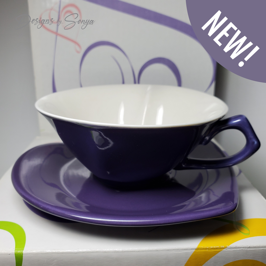Discontinued Mary Kay Heart Teacup and Saucer Set, Purple Ceramic Cup, Rare Collectible Tea Cup Set, Romantic Gift Idea, New Unused
