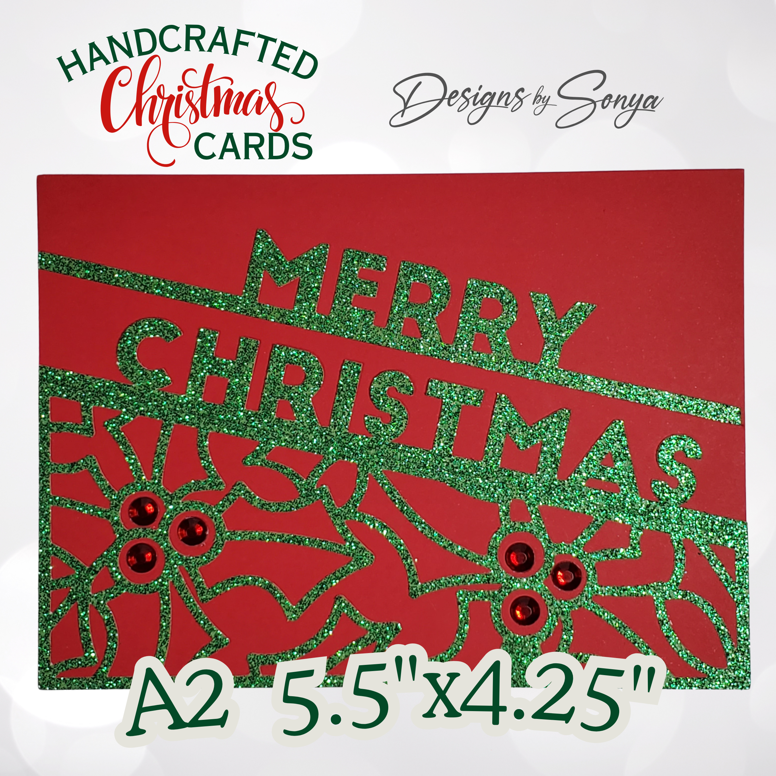 Handcrafted Red Base Merry Christmas Card – Green Glitter Holly Design, Holiday Greeting Message, Limited Edition Keepsake
