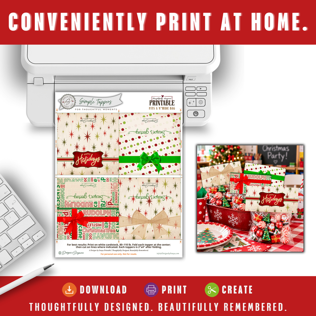 Printable Christmas Treat Bag Topper Collection | 4 Vintage Holiday Designs | Candy Bag Toppers for Classroom Parties & Christmas Gifts | 4" x 2" PDF