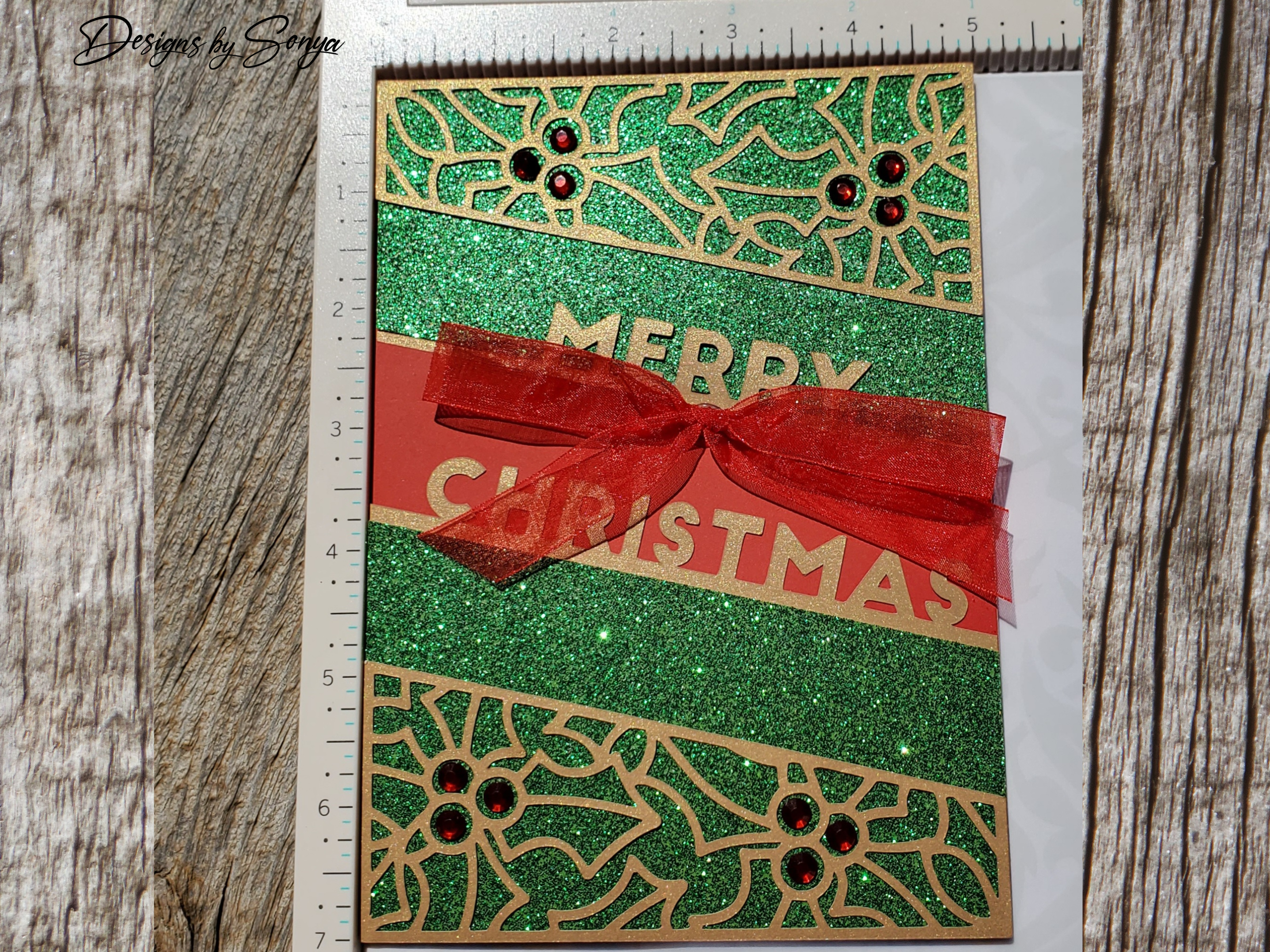 Handmade Green Glitter Christmas Card with Red Bow – Elegant A7 Holiday Card for Corporate Gifting, Religious or Family Keepsake