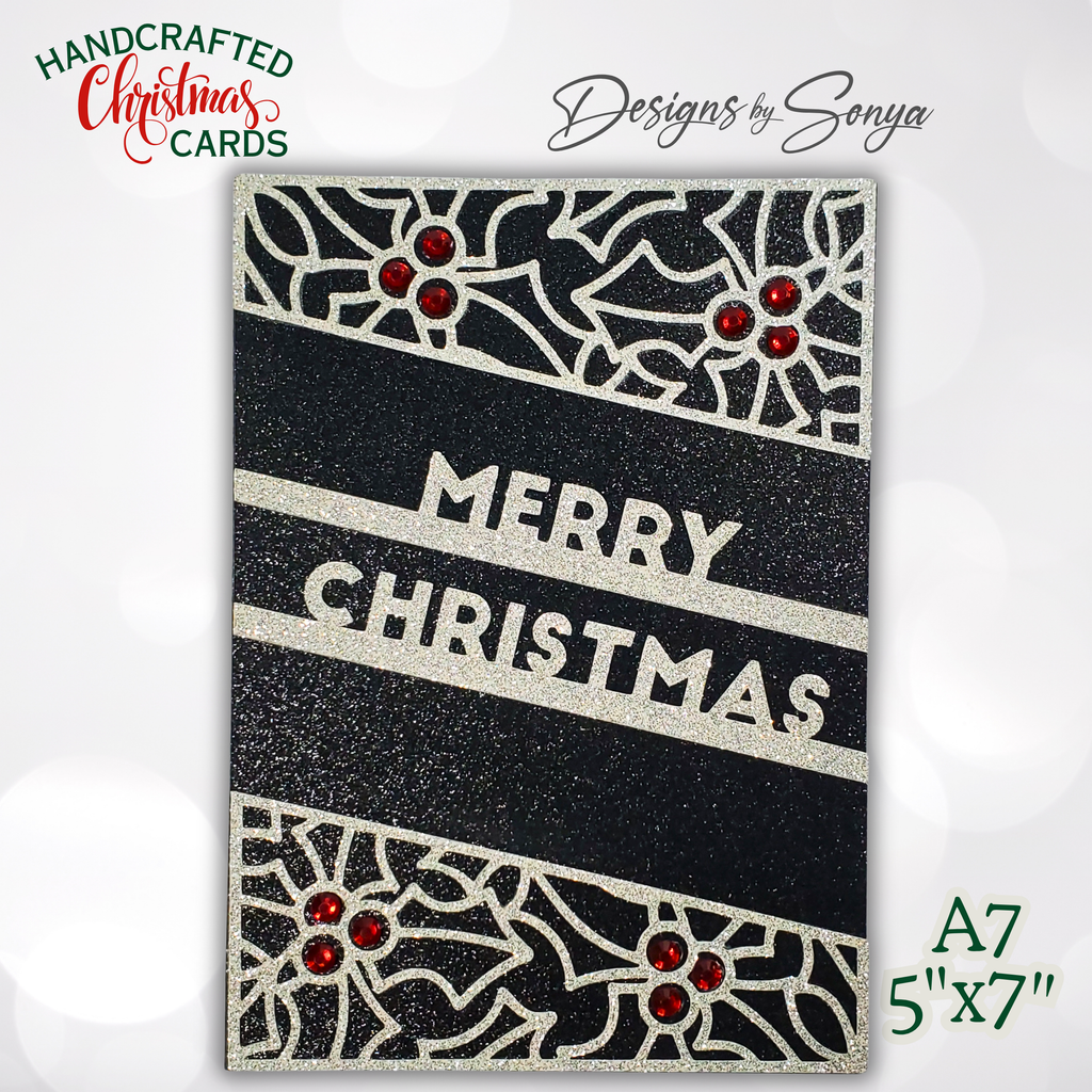 A7 Black & Silver Glitter Merry Christmas Card – Handcrafted 5"x7" Holiday Greeting with Holly Gems, Elegant Keepsake for Gift-Giving
