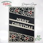 A7 Black & Silver Glitter Merry Christmas Card – Handcrafted 5"x7" Holiday Greeting with Holly Gems, Elegant Keepsake for Gift-Giving