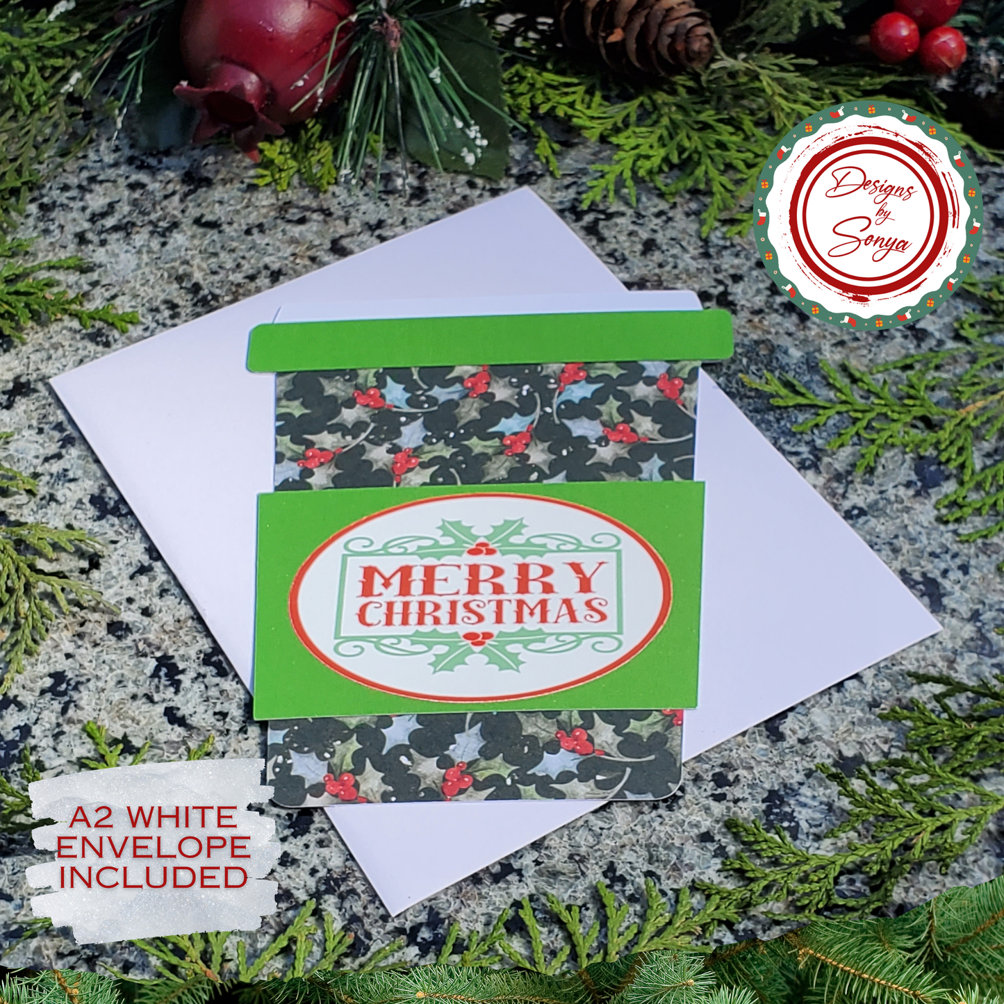 Christmas Gift Card Holder – Coffee Cup Design with Holly Print, Glitter Sleeve & Envelope – Holiday Teacher or Coworker Gift
