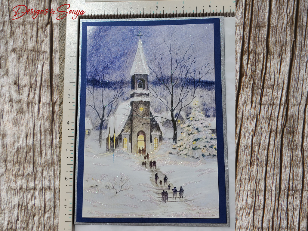 Handmade Christmas Card with Snowy Church Scene & Religious Message – Elegant Winter Holiday Greeting with Silver-Lined Envelope